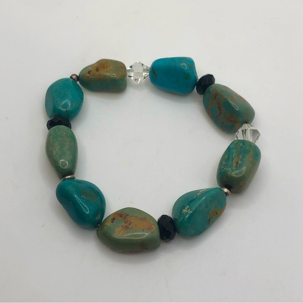 Turquoise / Chrysoprase (?) Stone Chunk Clear Black Crystal Stretch Bracelet OS